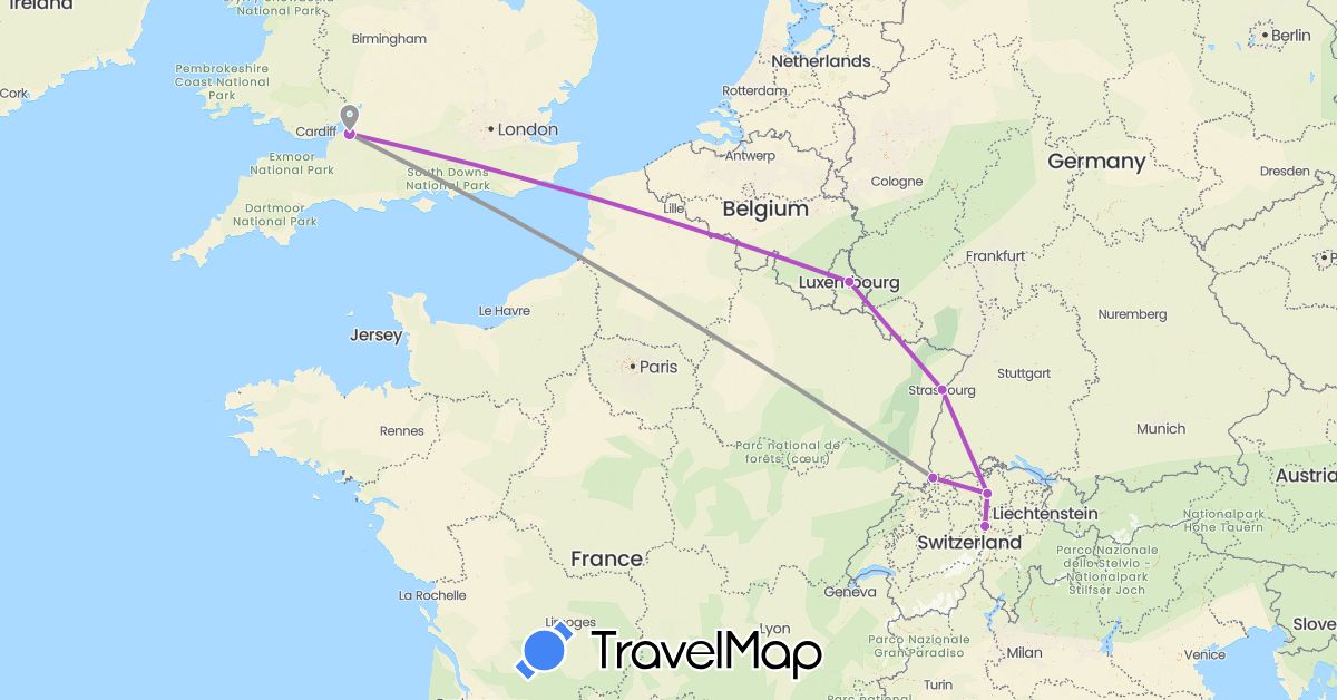 TravelMap itinerary: driving, plane, train in Switzerland, France, United Kingdom, Luxembourg (Europe)